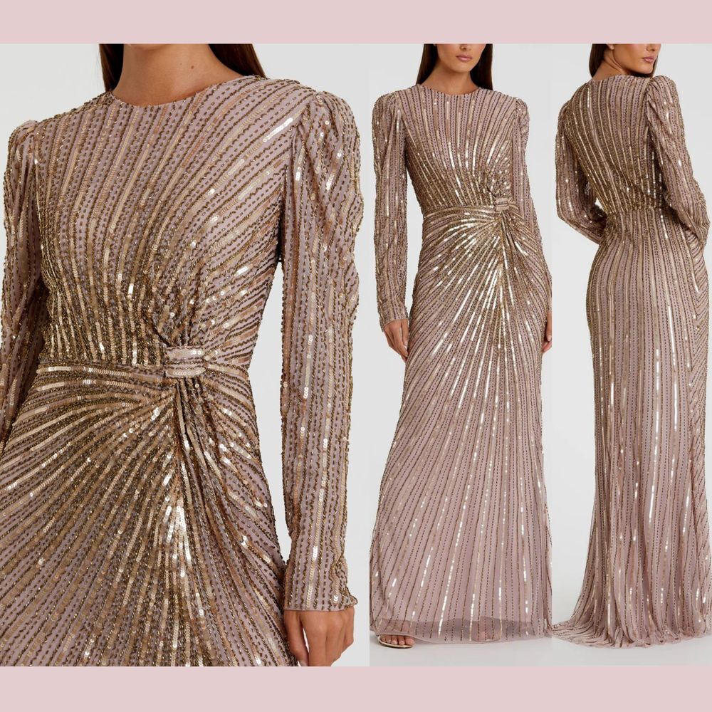 NWT $598 Mac Duggal [ 8 ] 5641 Embellished Puff Sleeve Side‎ Knot Gown Mocha